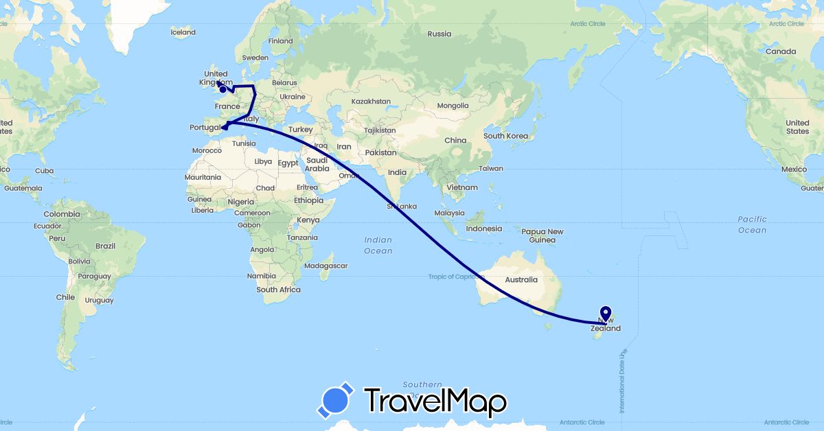 TravelMap itinerary: driving in Belgium, Czech Republic, Germany, Spain, United Kingdom, Italy, Netherlands, New Zealand (Europe, Oceania)